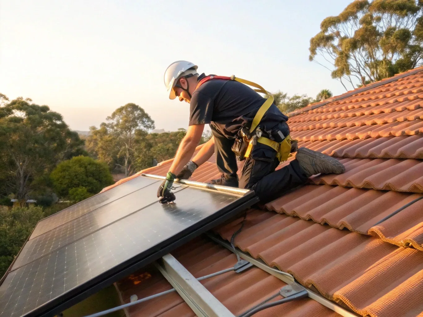 Solar installer securing a panel to a tiled roof at sunset
