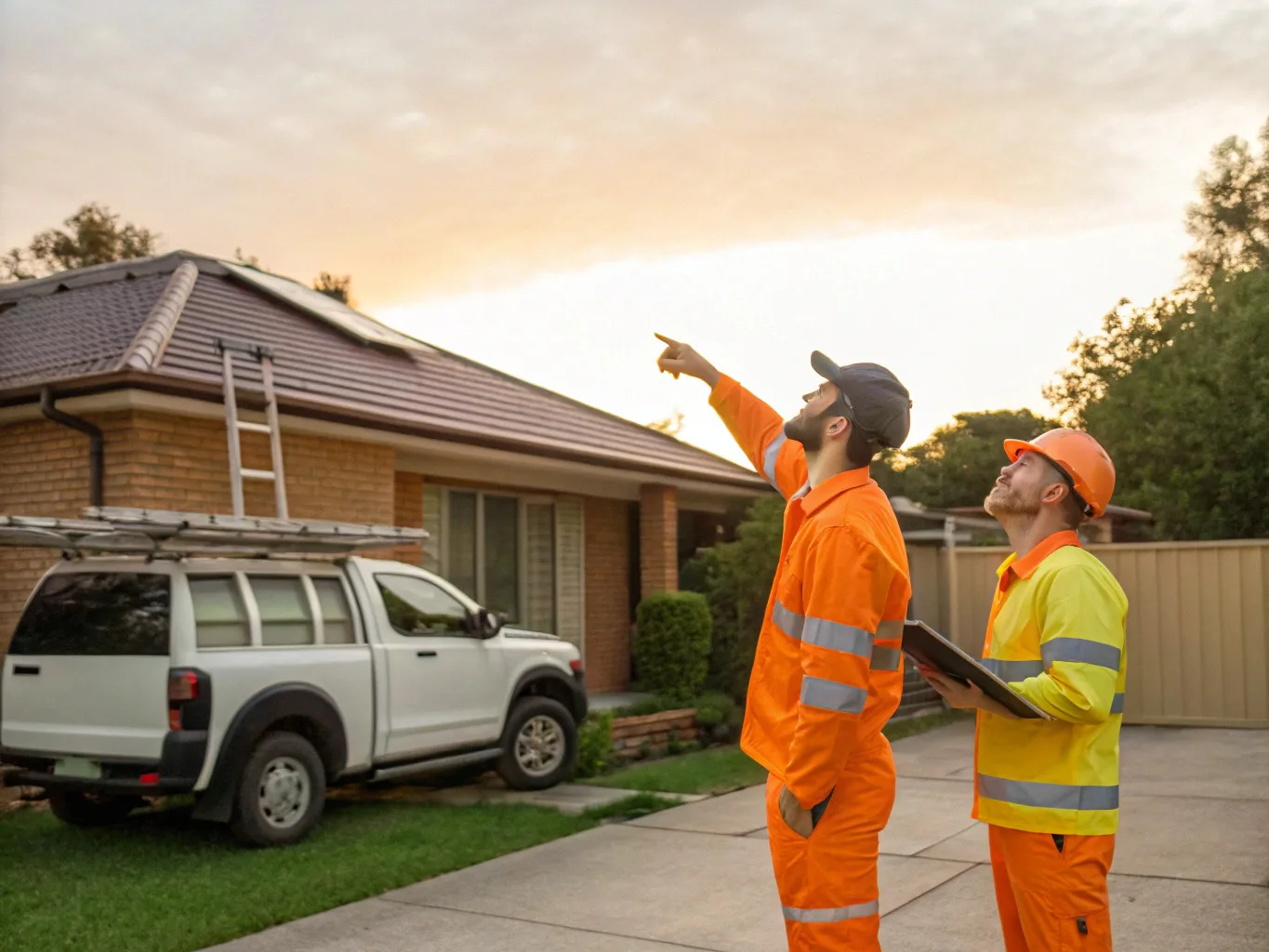 Two solar installers reviewing a system plan outside a home
