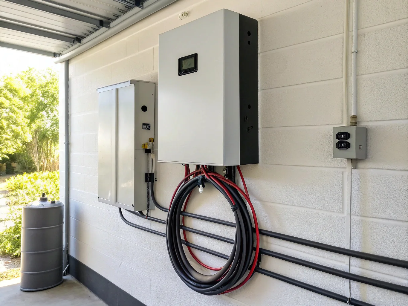 Solar inverter and battery storage system mounted on a garage wall